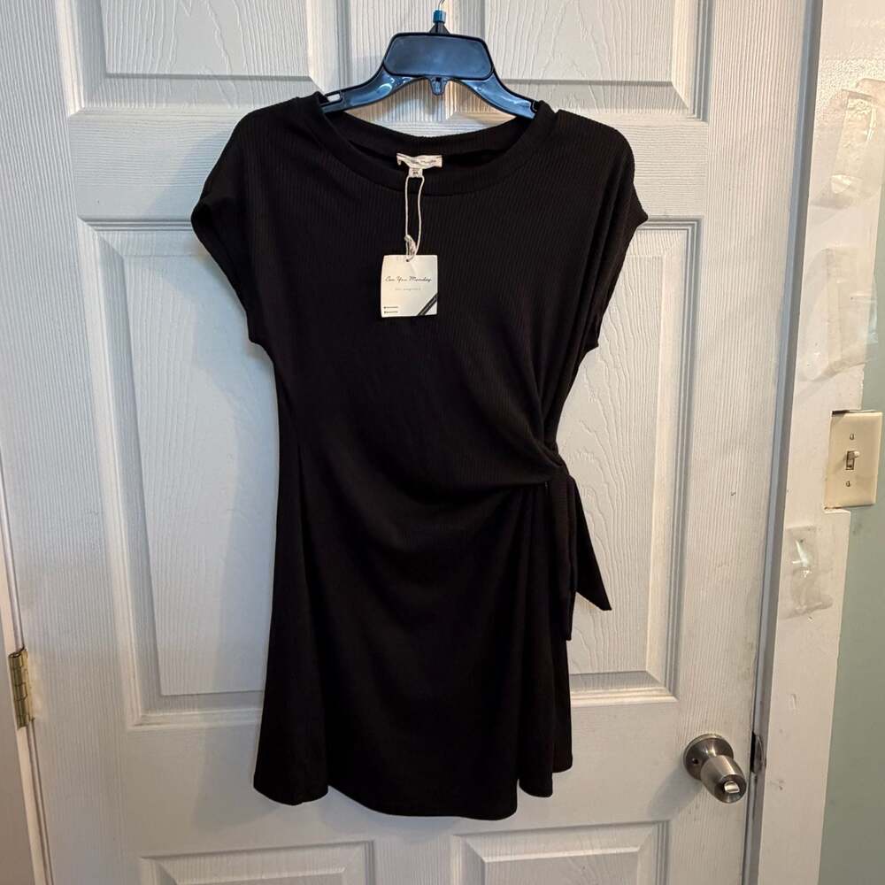 See You Monday Women's Ribbed Side-Tie Mini T-Shirt Dress in Black LBD Size XS